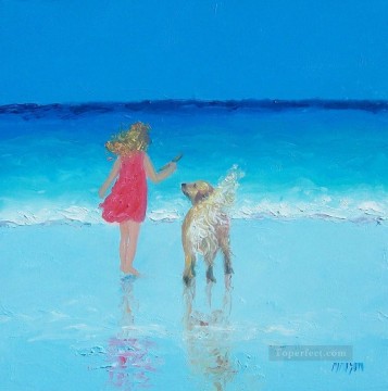 子供 Painting - ビーチ沿いの少女と犬 子供の印象派